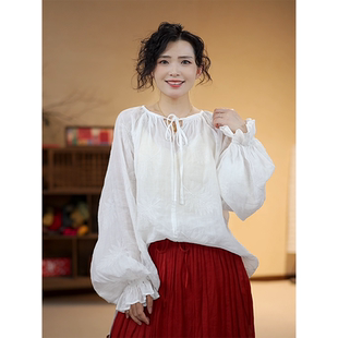 YIMIAN 上衣2114 清新甜美苎麻提花刺绣圆领系绳灯笼袖