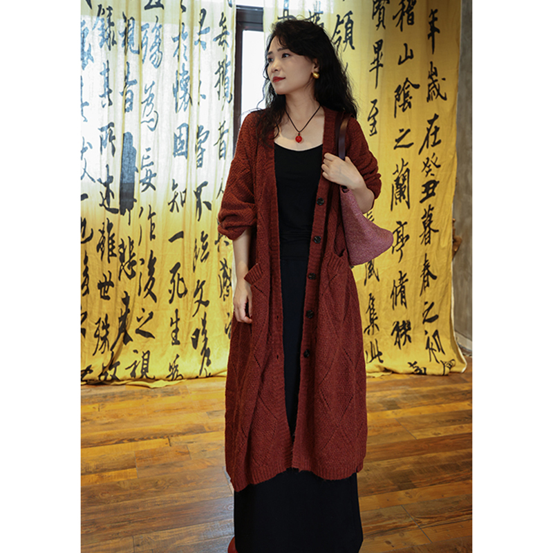 YIMIAN 韩系温柔风菱形纹针织宽松显瘦慵懒风过膝毛衣外套21483