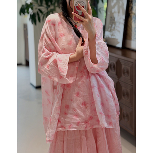 YIMIAN “十里桃花”气质减龄温柔印花圆领宽松苎麻上衣2625250
