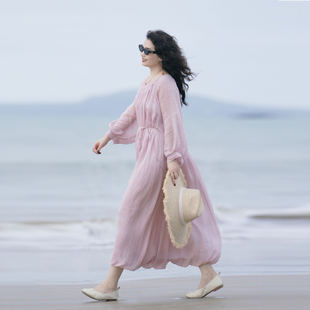 YIMIAN 褶皱苎麻温柔减龄简约双层显瘦连衣裙23398