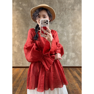 YIMIAN 上衣21799 明媚肆意温柔减龄苎麻系带抽绳圆领灯笼袖