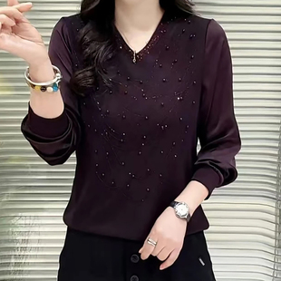 打底衫 2026春季 V领烫钻钉珠长袖 时尚 气质百搭显瘦妈妈上衣女 新款