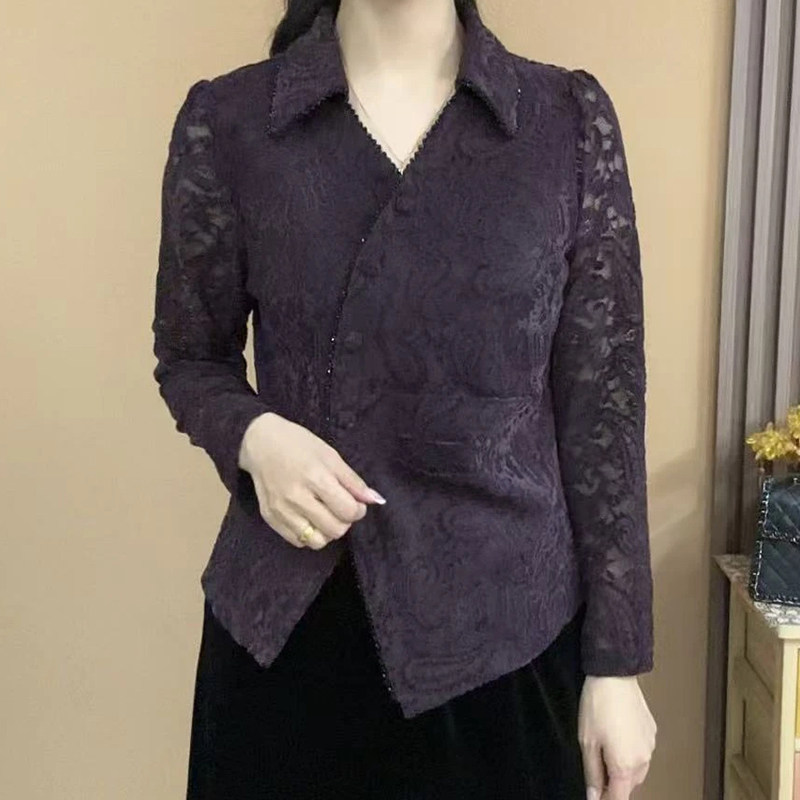 2025秋季新款长袖植绒蕾丝开衫减龄小衫气质百搭衬衫领女人味上衣