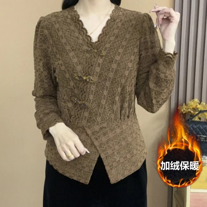 2025秋冬加绒长袖V领蕾丝百搭女士套头小衫气质百搭显瘦潮流上衣