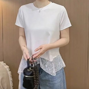 圆领不规则下摆纯色短袖 T恤显瘦百搭蕾丝拼接上衣女 新款 2026夏季