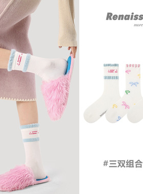 3双装少女中筒袜ins潮蝴蝶结百搭甜美学院风学生棉袜子四季长袜