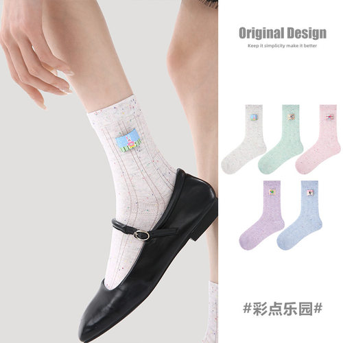 5双文艺女袜小众设计春夏薄款短袜个性插画百搭透气网眼卡丝袜子