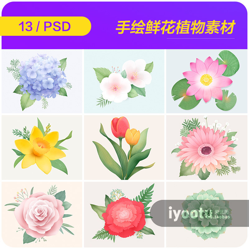手绘鲜花植物花卉荷花郁金香菊花多肉插图海报psd设计素材962503