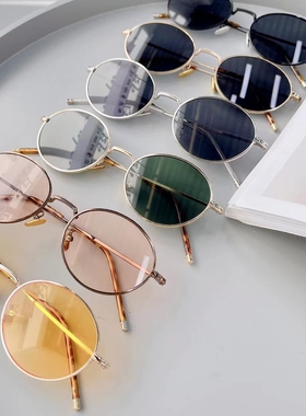 复古椭圆形小框墨镜女春夏百搭浅色太阳镜男防紫外线潮可配近视镜