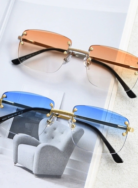 ins无框方形墨镜男士2024春夏渐变色太阳镜女防紫外线个性弹簧腿