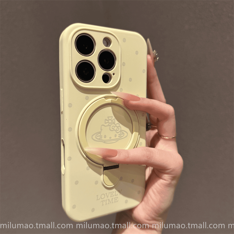 奶黄色kitty猫磁吸支架适用17苹果16ProMax手机壳iPhone15promax新款14液态硅胶13网红12爆款11女款plus防摔