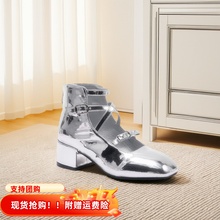女款儿童模特走秀高跟镂空浅口银白黑色短靴漆皮高帮表演公主鞋