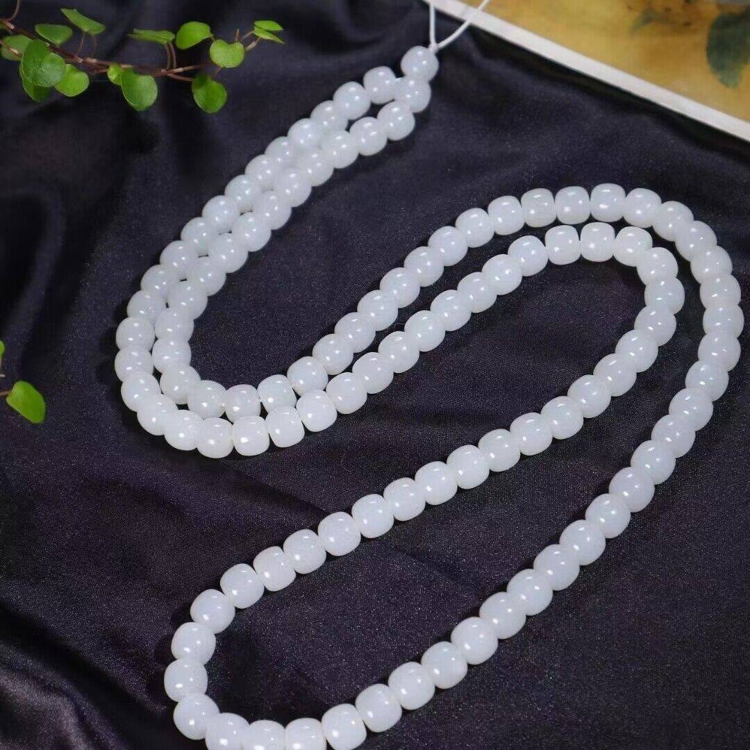 高档和田色玉石老形珠羊脂白玉项链108颗佛珠手链玉珠绳玉链百搭