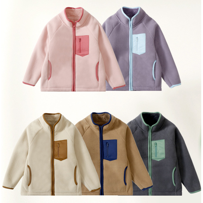 儿童摇舒绒撞色外套男女童春装休闲上衣加绒秋冬初中生加大码立领