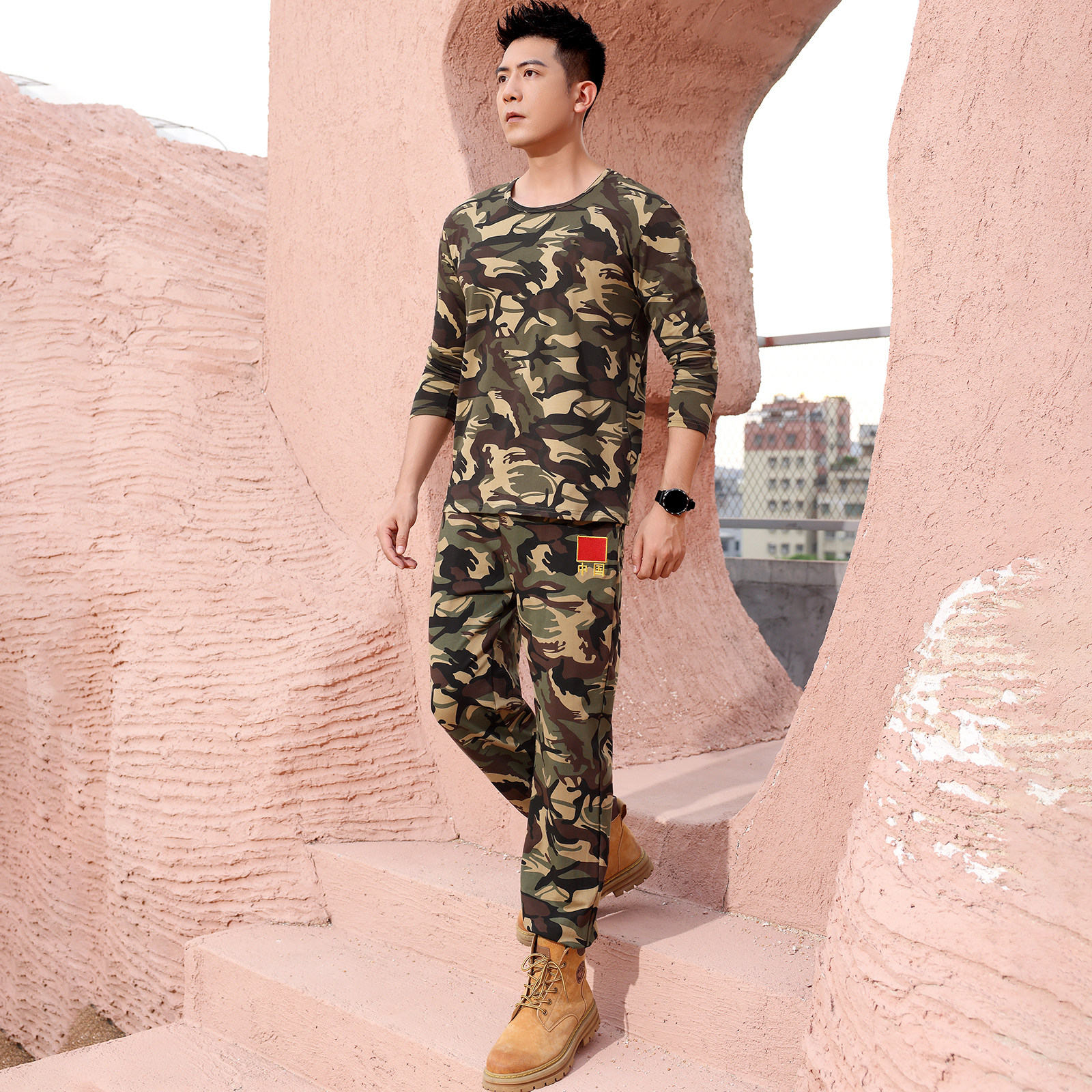 迷彩长袖95%棉套装夏季男宽松大码休闲刺绣中国地图红旗t恤二件套