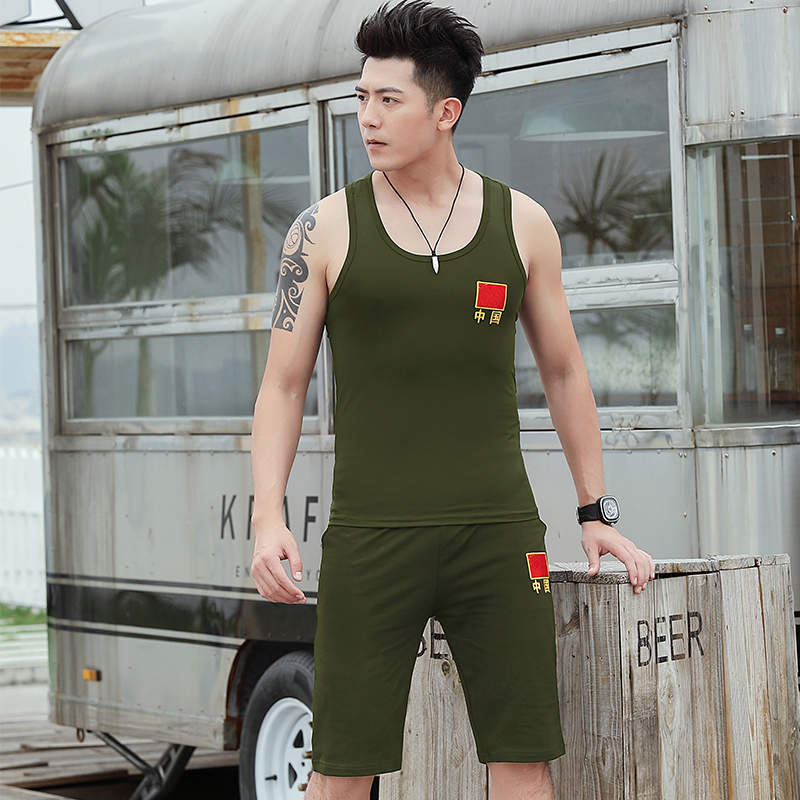 中国背心夏季男士紧身修身纯棉汗衫刺绣中国红旗地图运动健身套装