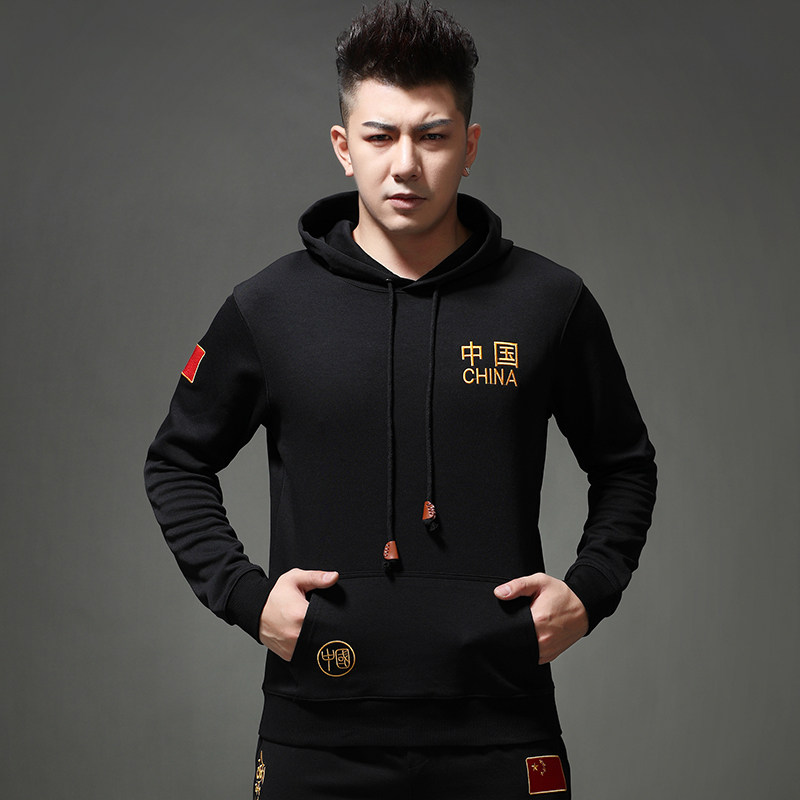 国旗连帽卫衣男春秋黑色中国刺绣宽松休闲棉长袖上衣潮牌国风男装