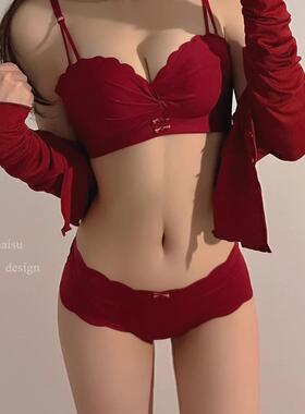维多利亚无痕红色内衣女小胸聚拢无钢圈结婚新娘性感显大文胸套装