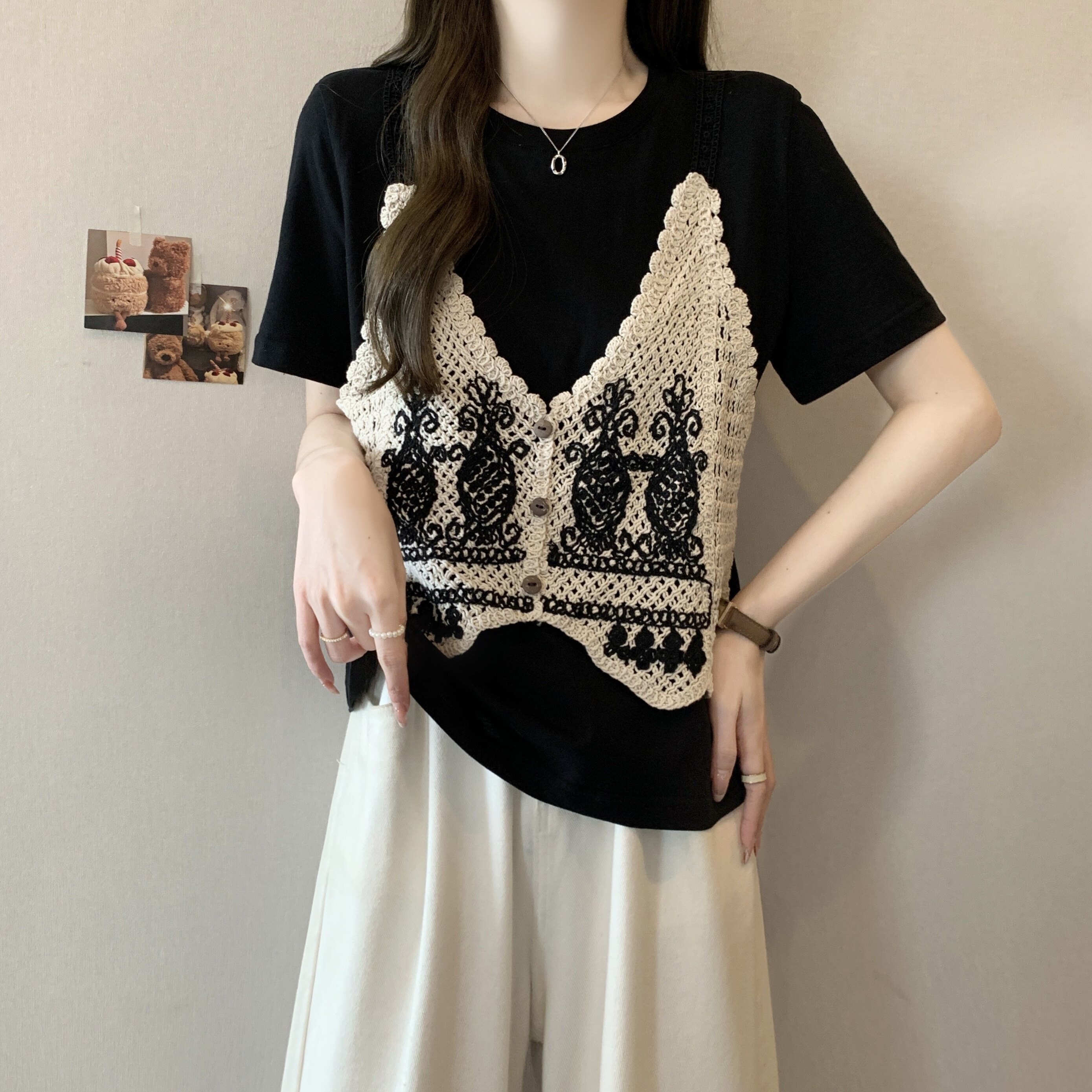 胖MM大码女装假两件打底衫2025夏新款森系针织勾花T恤百搭上衣潮