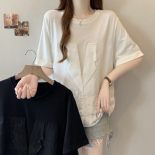大码女装2026夏新款设计感小众西装领拼接提花衬衣假两件显瘦小衫