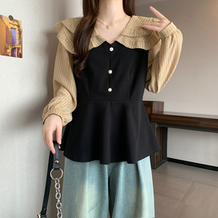 2026春秋新款大码女装胖MM拼接双层娃娃领衬衣洋气减龄显瘦上衣女
