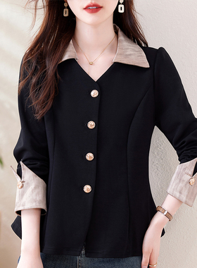 大码女装黑色妈妈衬衫时尚休闲宽松显瘦衬衣胖mm拼接百搭秋季上衣