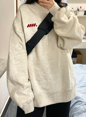 白灰色圆领卫衣男士2024新款春秋款冬季加绒加厚宽松长袖上衣外套