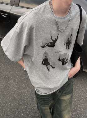 花灰色美式高街圆领短袖t恤男生2024新款夏季纯棉设计感小众上衣