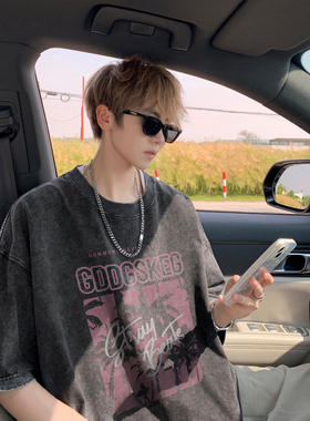 水洗做旧重磅短袖T恤男夏季潮牌美式复古宽松大码黑色体恤衫半袖