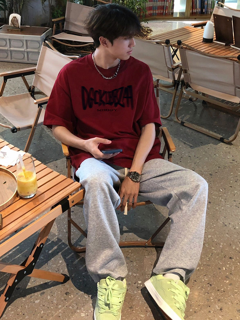 美式复古酒红色短袖t恤男女夏季新款潮流薄款纯棉重磅情侣上衣ins