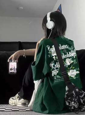 美式复古小领口墨绿色t恤男纯棉重磅短袖oversize潮牌夏季七分袖