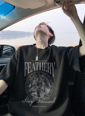 重磅纯棉黑色短袖T恤男士夏季潮牌潮流宽松大码情侣百搭半袖体恤