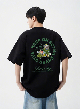 黑色短袖重磅t恤男夏季美式潮牌宽松字母纯棉男生圆领半袖上衣