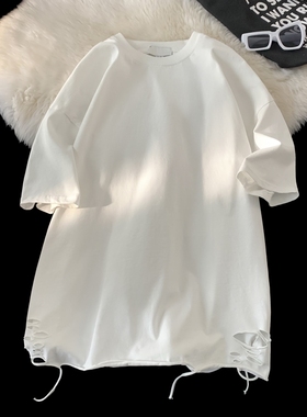 白色t恤短袖男2024夏季新款破洞设计感纯色简约cleanfit圆领半袖