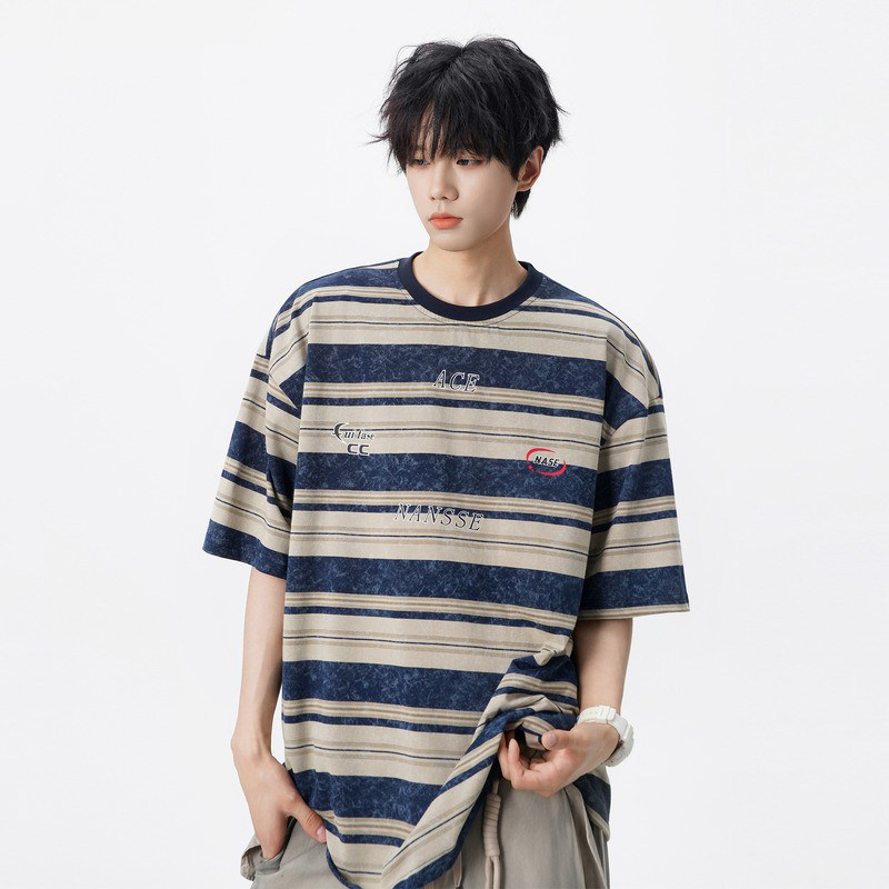 美式复古扎染条纹短袖t恤男夏季新款潮牌宽松百搭青少年情侣半袖