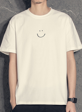 笑脸短袖T恤男圆领夏季潮流简约印花纯色半袖白色打底衫潮牌男装