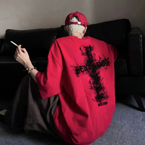 美式高街酒红色短袖男夏季
