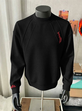 黑色美式红标刺绣卫衣男秋冬季加绒华夫格长袖T恤重磅内搭打底衫