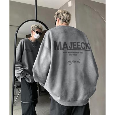 美式加绒麂皮绒圆领卫衣男秋冬款潮牌oversize青少年酷帅宽松上衣