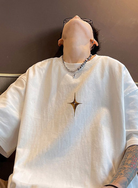 白色短袖T恤男款夏季潮牌美式高街宽松潮流七分半袖纯棉上衣服装t