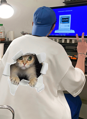 重磅猫咪印花短袖t恤男潮牌美式白色五分袖上衣夏季宽松圆领体恤