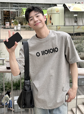 灰色字母印花短袖T恤男生2025新款夏季纯棉百搭宽松简约休闲圆领