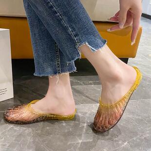 夏季 防滑柔软轻便外穿水晶透明居家浴室清爽凉拖 低跟包头女款 托鞋