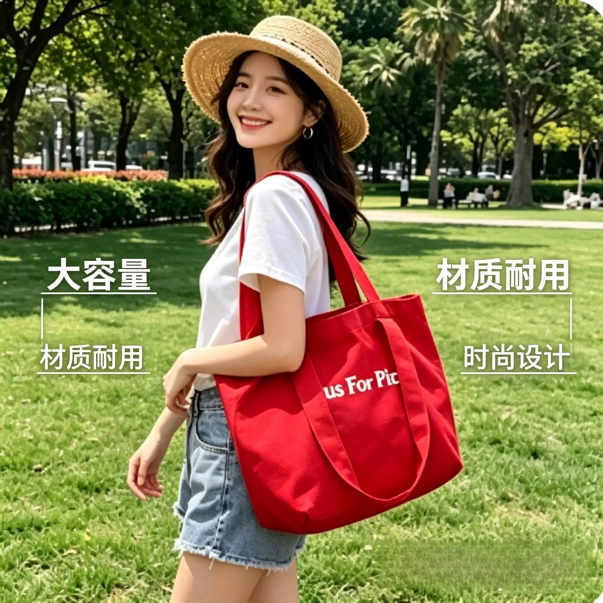 新款红色字母大容量单肩包帆布包女2026春夏购物通勤托特包手拎包