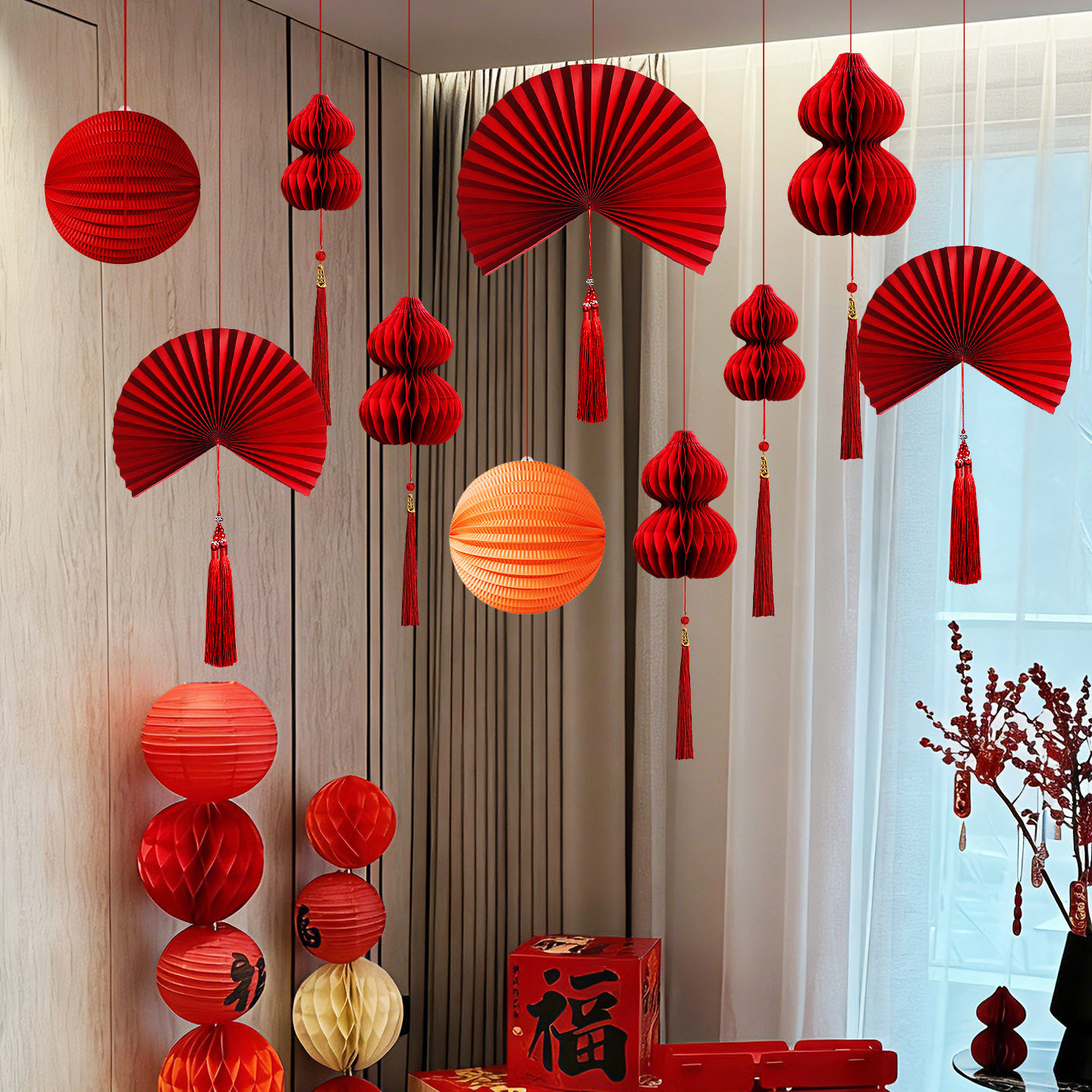 2026新款马年新年装饰春节过年卧室客厅店铺氛围布置折扇蜂窝灯笼,家居饰品,其他工艺饰品,淘宝优惠券,粉丝福利购,淘宝优惠卷