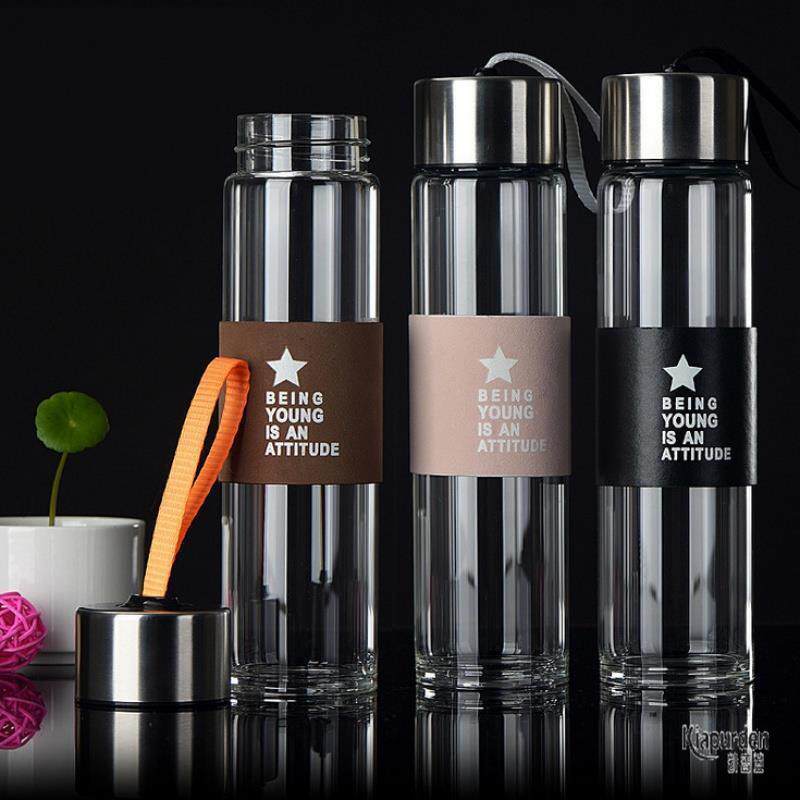 韩式透明带盖玻璃杯单层手提隔热皮套创意运动水瓶随手杯子