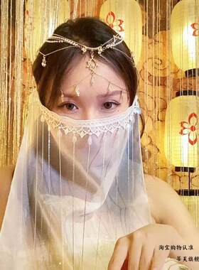 新耳环可调汉代面纱古装仙女白色遮脸优雅舞蹈表演头饰古风配件