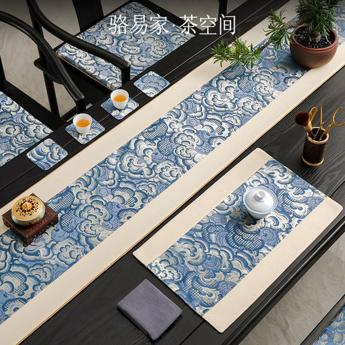 骆易家新中式桌旗轻奢高端茶席防水茶桌垫布国风茶旗茶台布艺长条