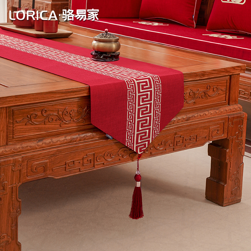 骆易家新中式结婚桌旗红色喜事喜庆茶几桌布餐桌装饰布长条茶桌布