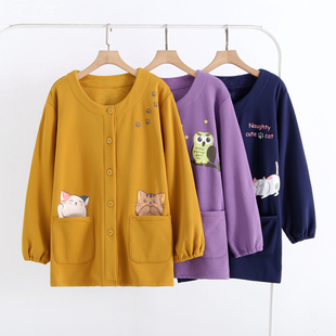 日单日式 柔软宽松有弹力前扣口袋工作服保暖罩衣外套 猫咪加绒长袖